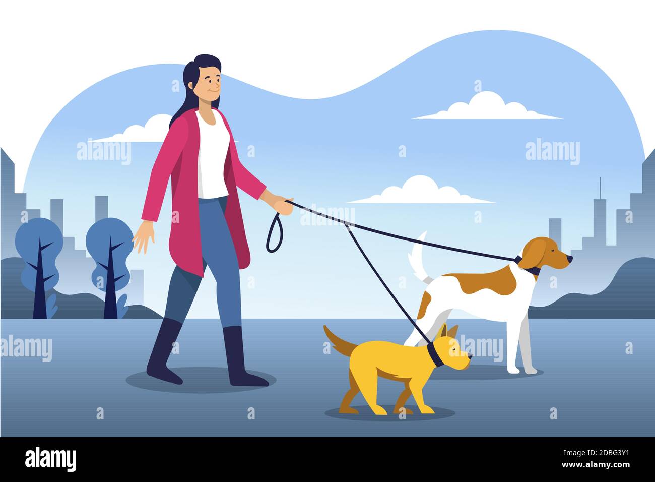 Woman walking in the park with her dogs Vector illustration Stock ...