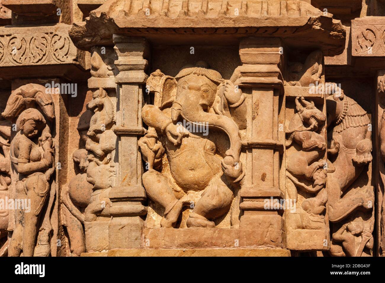 Famous stone carving sculptures pf Ganesha, Lakshmana Temple, Khajuraho, India. Unesco World
