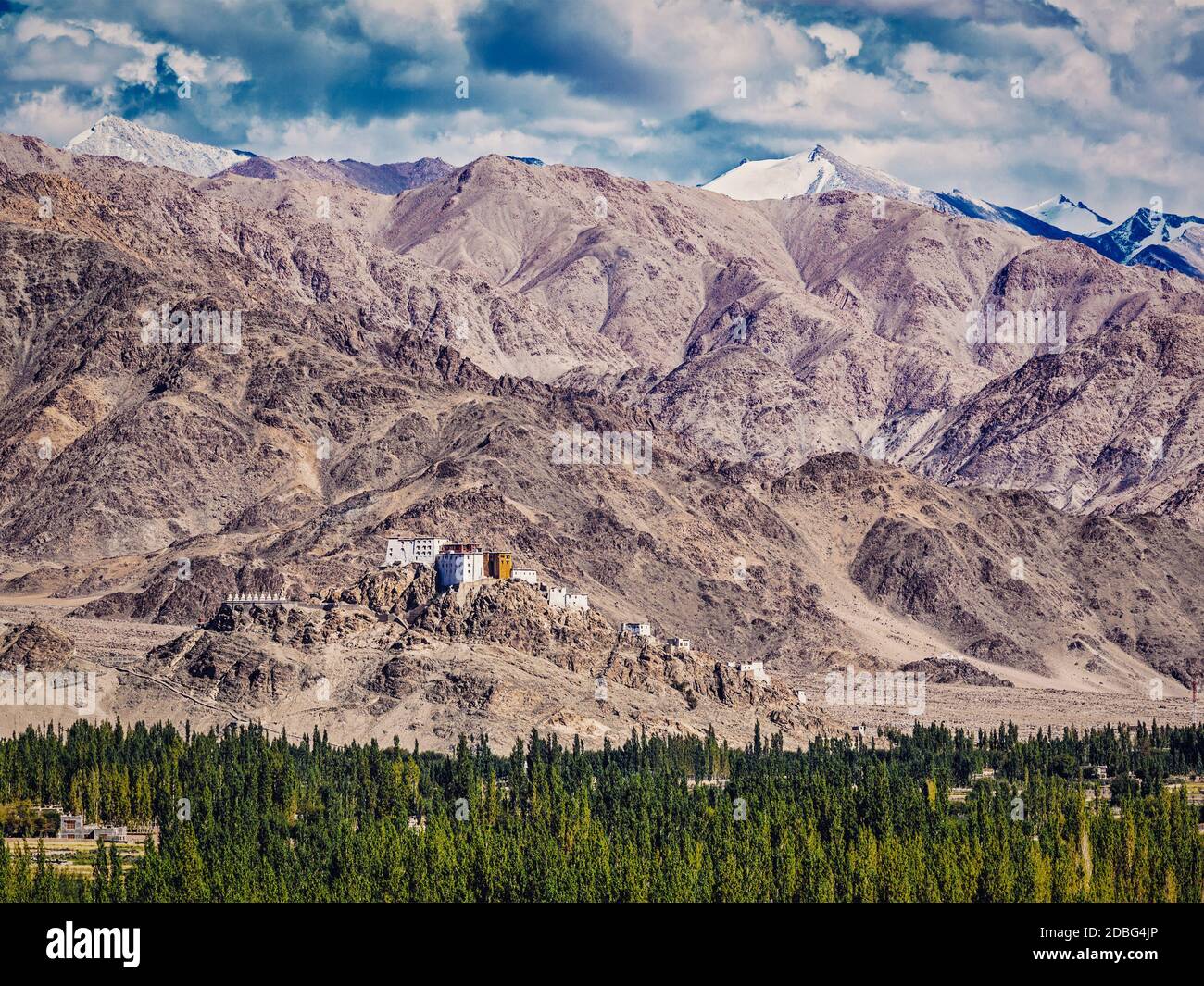 Vintage retro effect filtered hipster style image of Thiksey gompa and Himalayas. Ladakh, Jammu and Kashmir, India Stock Photo