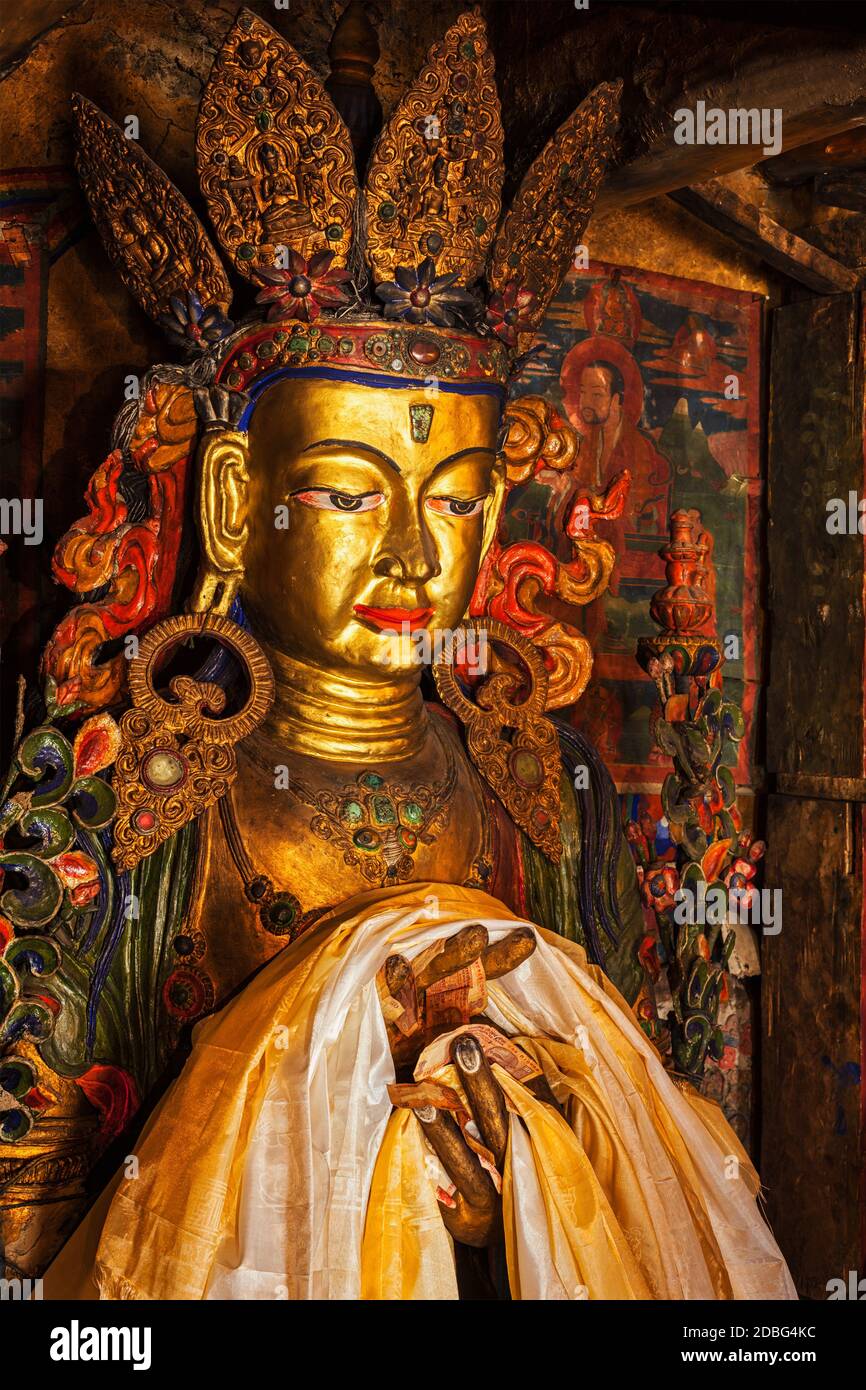 Maitreya Buddha statue close up Tibetan monastery Thiksey Gompa. Ladakh, Jammu and Kashmir, India Stock Photo