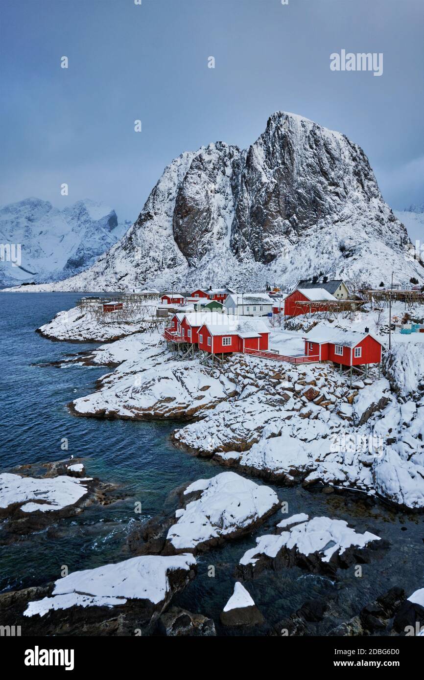 Iconic Hamnoy fishing village on Lofoten Islands, Norway with red rorbu ...