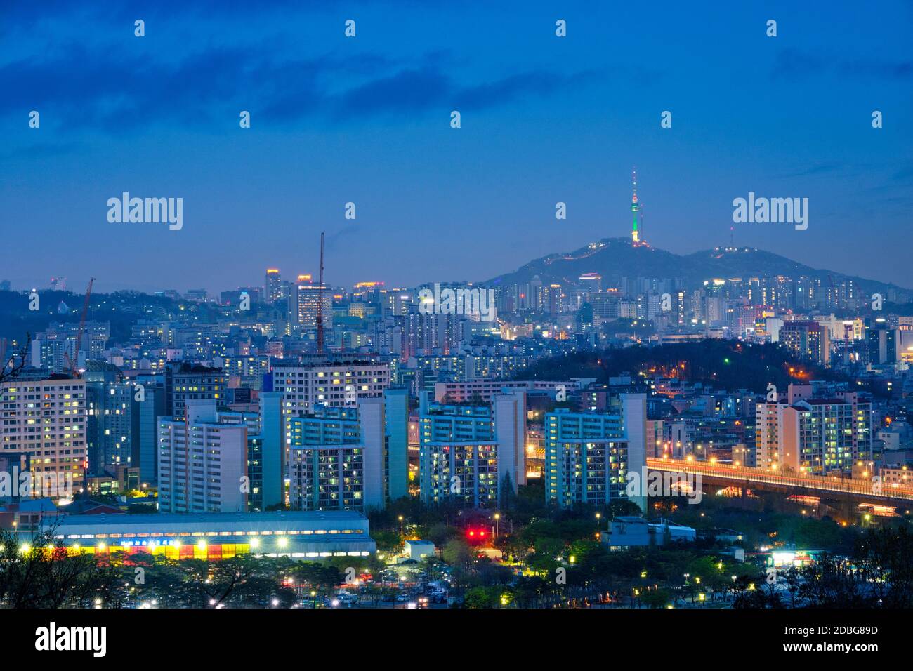 Seoul night cityscape with Namsan Tower. Seoul, South Korea Stock Photo