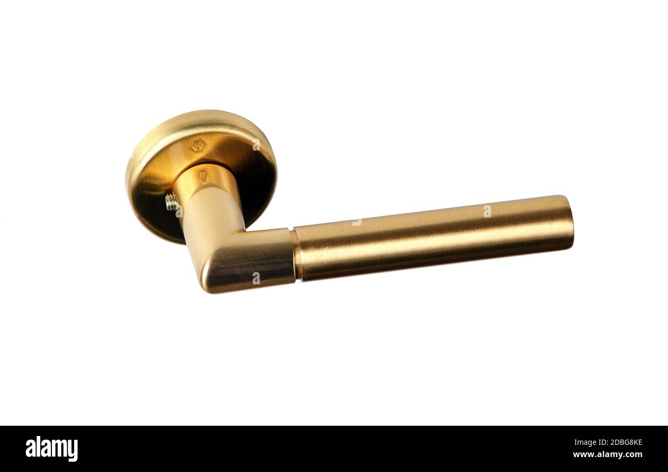 modern golden door handles on a white background in close-up Stock Photo