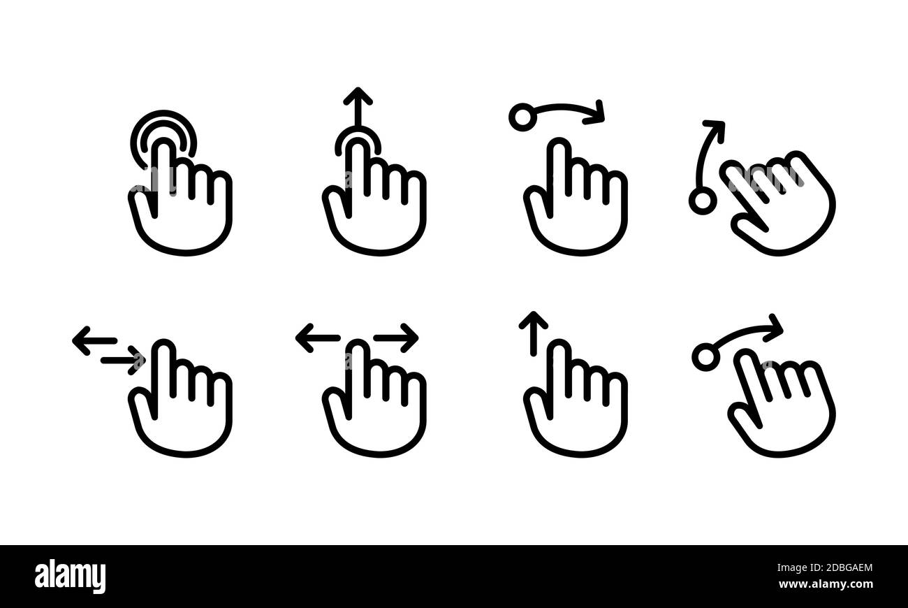 Hand cursor touch screen gestures icon set. Swipe to left right up icon set. Hand finger left, right, up. Vector on isolated white background. EPS 10 Stock Vector