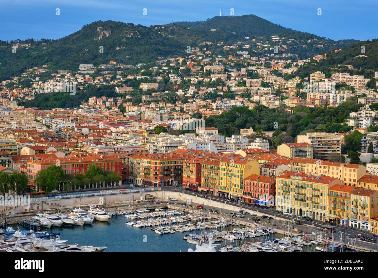 View of Old Port of Nice with luxury yacht boats from Castle Hill, France, Villefranche-sur-Mer, Nice, Cote d'Azur, French Riviera Stock Photo