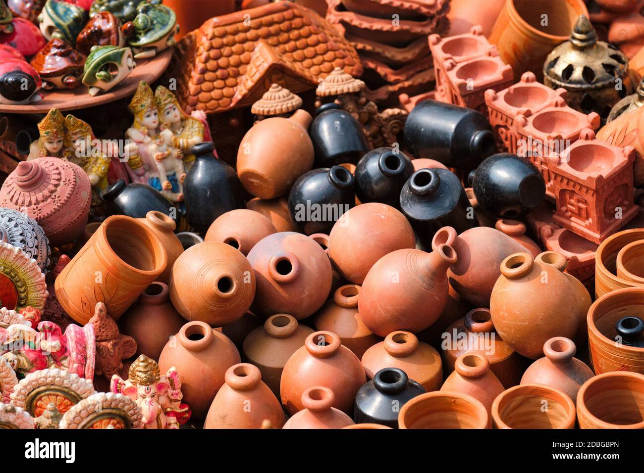 Street market exhibition of handmade clay pots, ceramic, products and