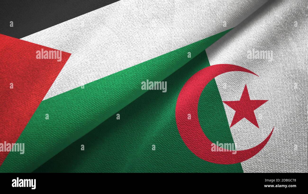 Palestine and Algeria two flags textile cloth, fabric texture Stock