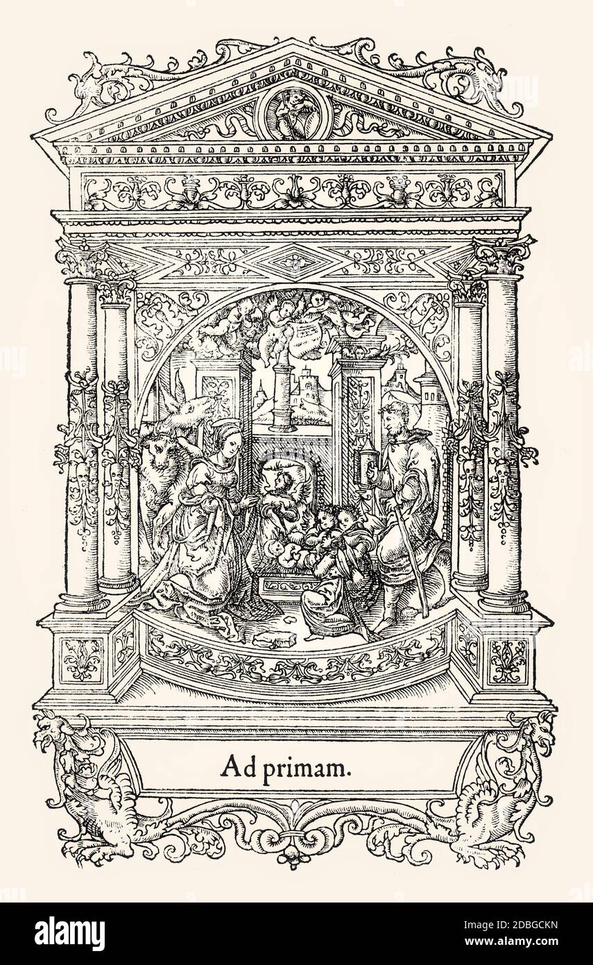 Title page by Geofroy Tory, Birth of the child, De Natura Stirpium Libri Tres Joanne Ruellio Authore, 1536, digitally restored Stock Photo