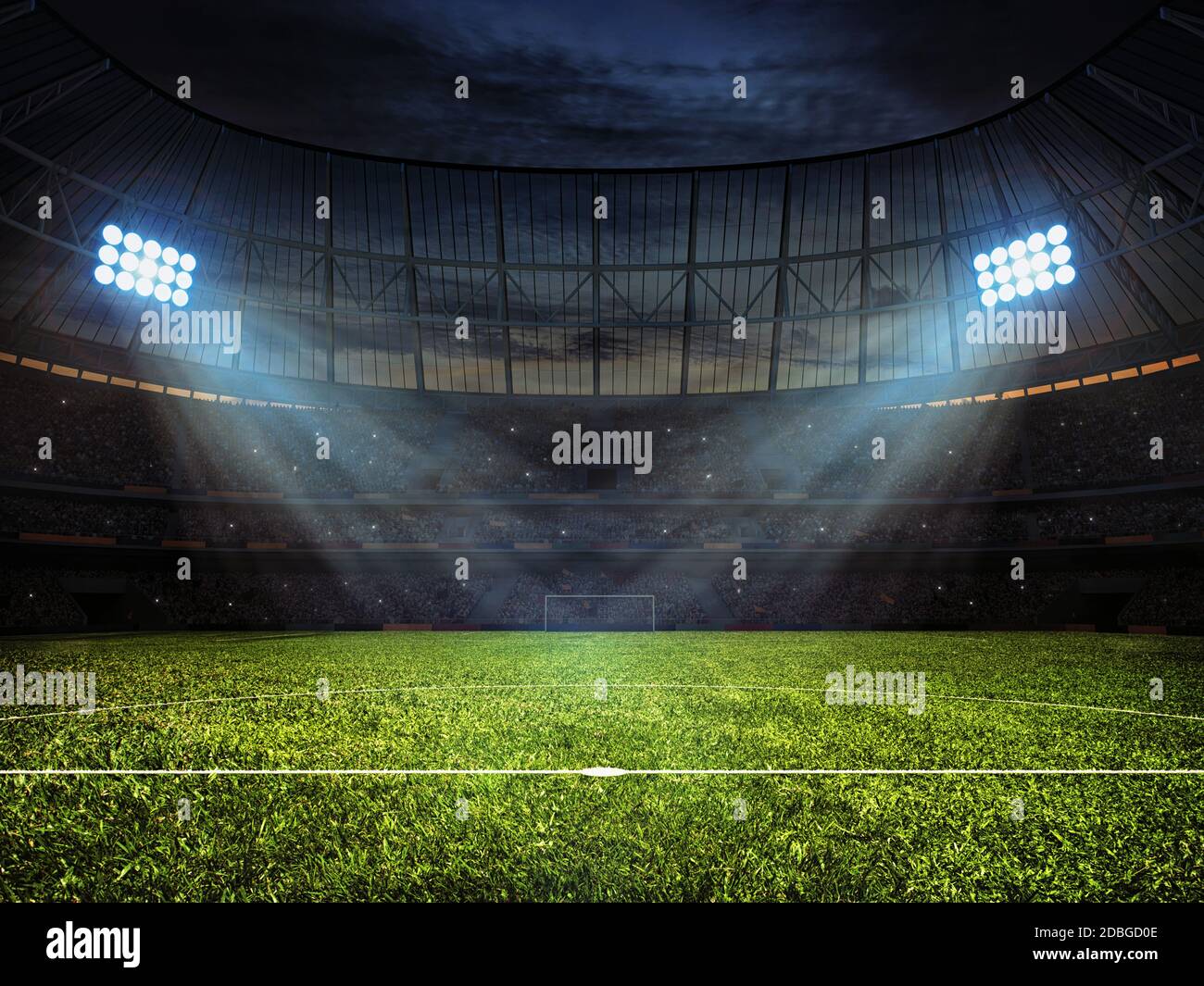 Sport concept background - soccer footbal stadium with floodlights. Grass football  pitch with mark up and soccer goal with net Stock Photo - Alamy