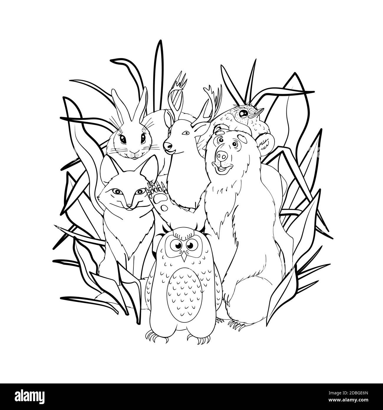 Kids coloring page with cute woodland animals, fox, deer, owl, bunny