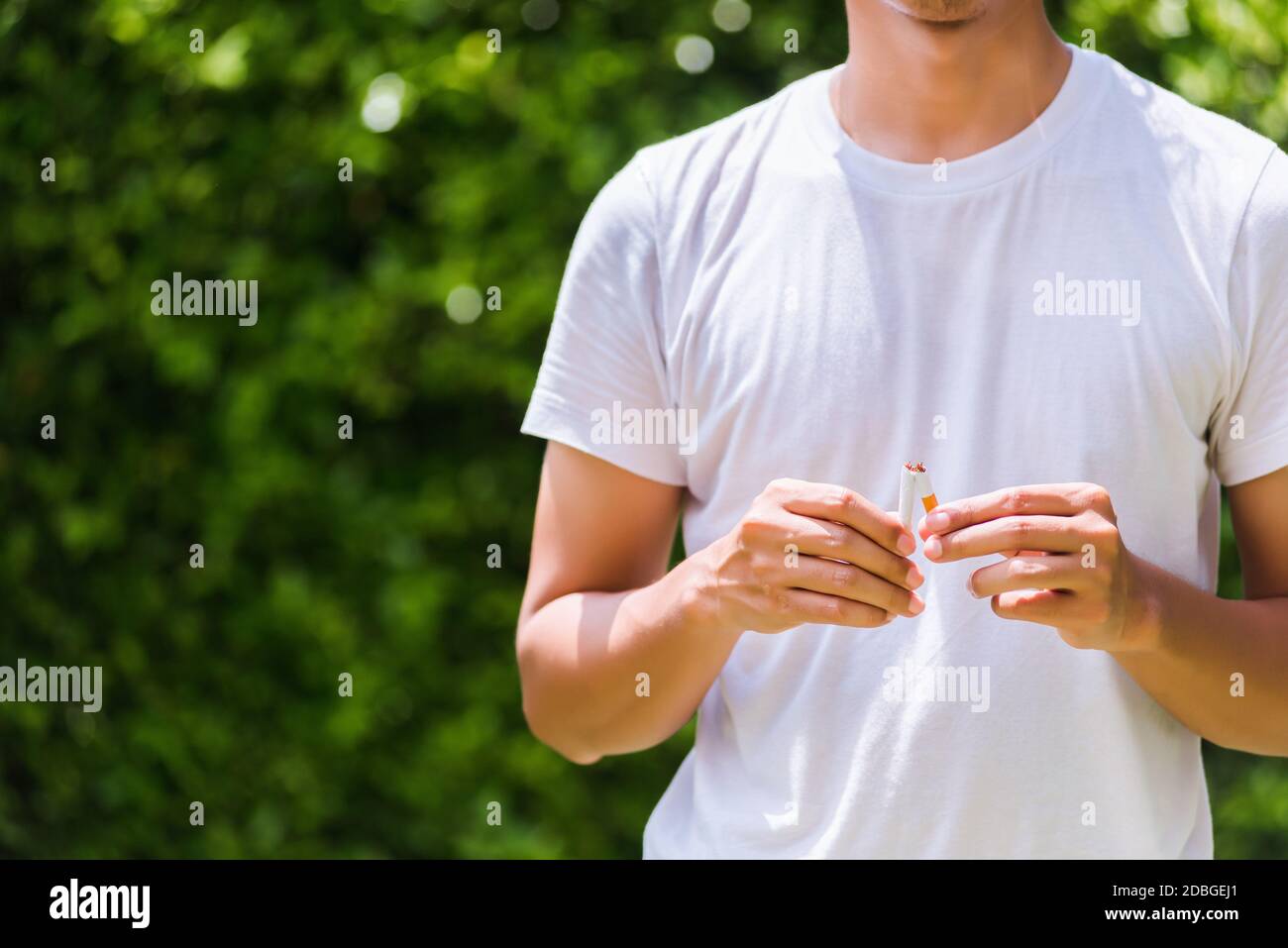 May 31 of World No Tobacco Day, Asian smoker man use hands breaking down cigarettes on green leaves background, Stop or quit smoking concept Stock Photo