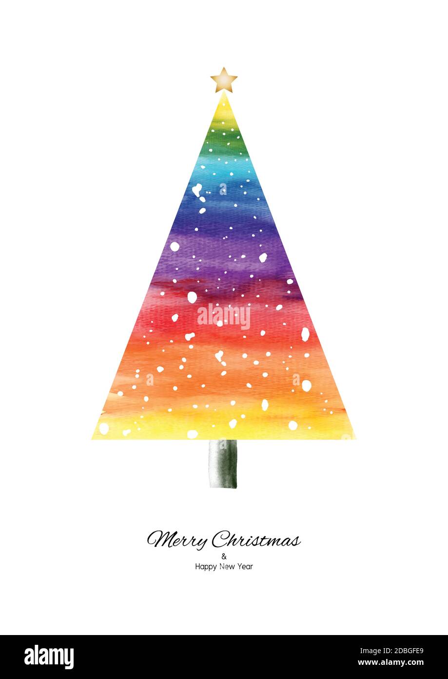 Rainbow watercolor Christmas tree with falling snow hand-painted isolated on white background. Vector illustration art used for decoration design abou Stock Vector