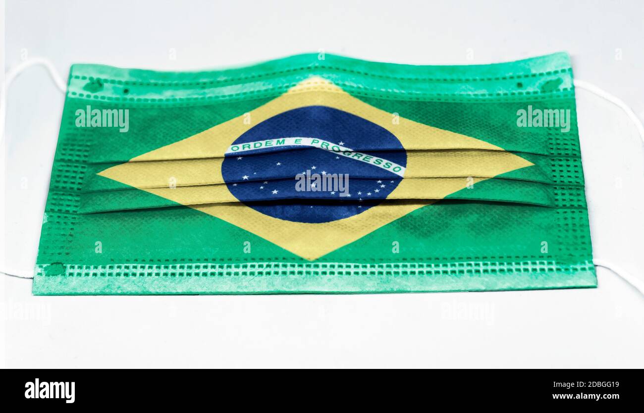 surgical mask with the national flag of Brazil printed. Pandemic covid ...
