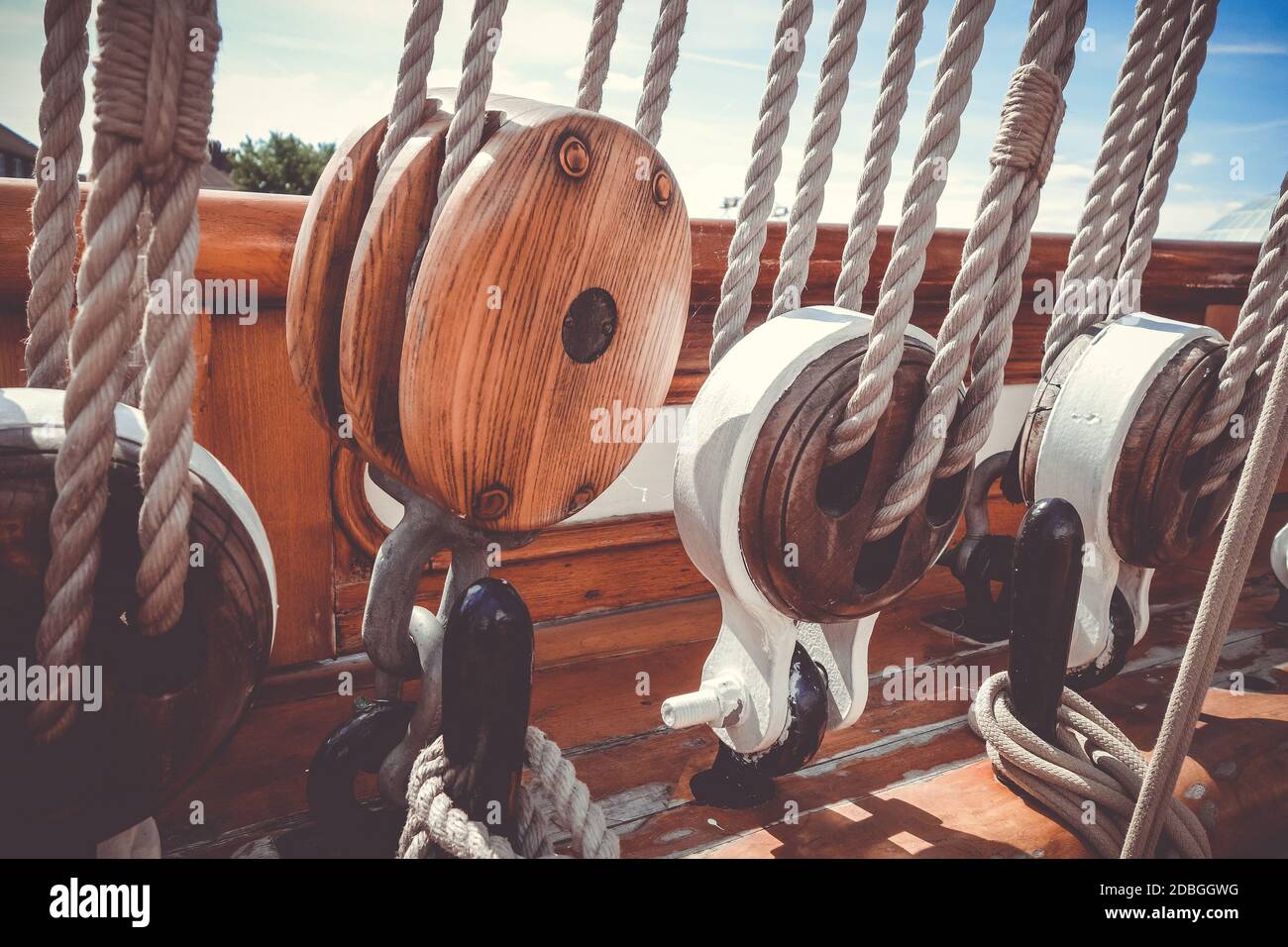 Old ship deck closeup. Winch and ropes detail Stock Photo