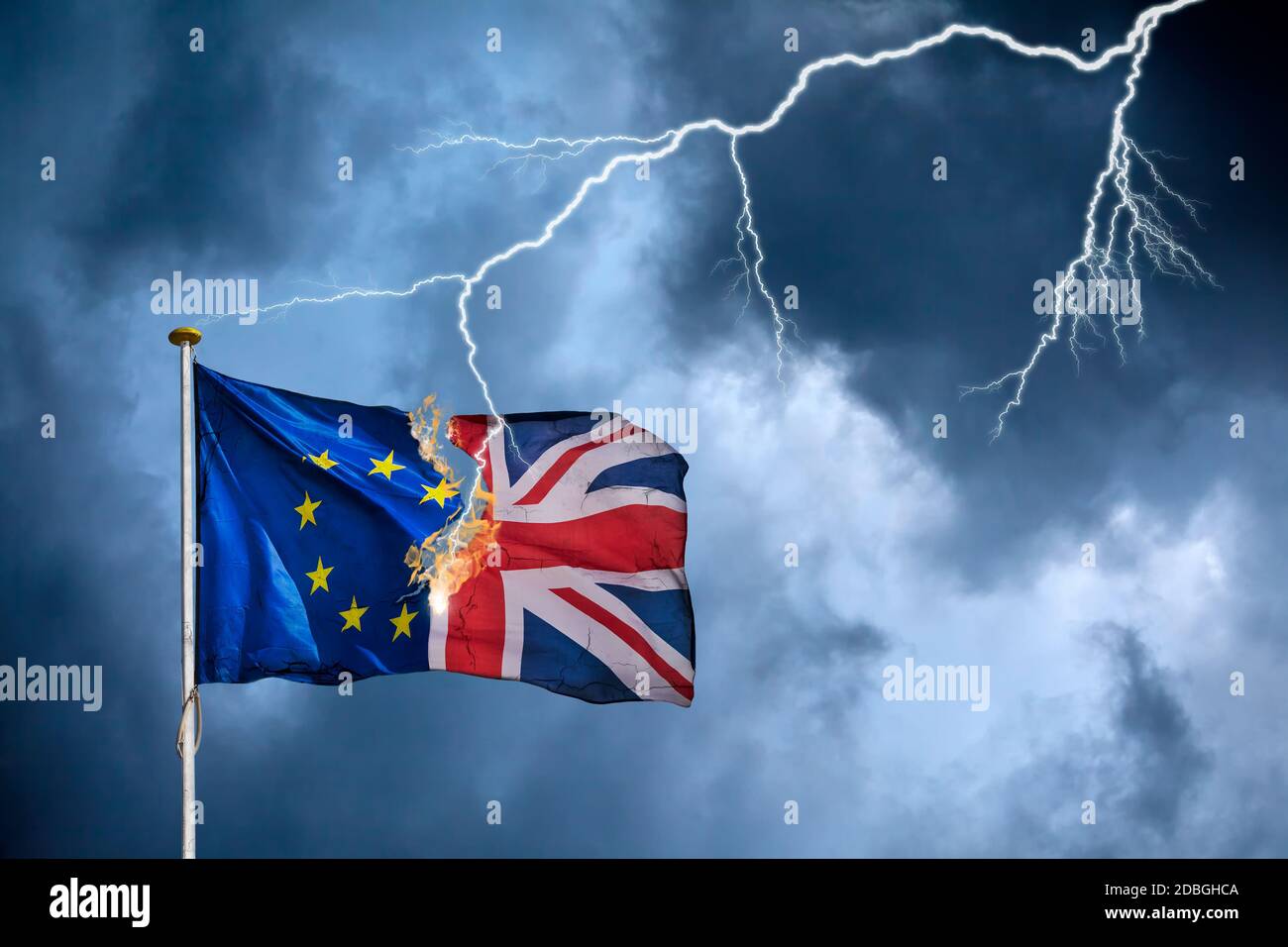 Concept of the British Brexit with the English flag struck by lightning in a heavy storm Stock Photo