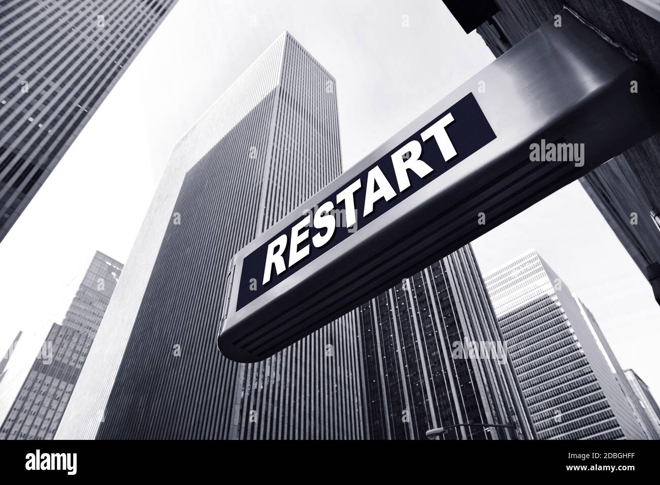 office building with a restart sign Stock Photo
