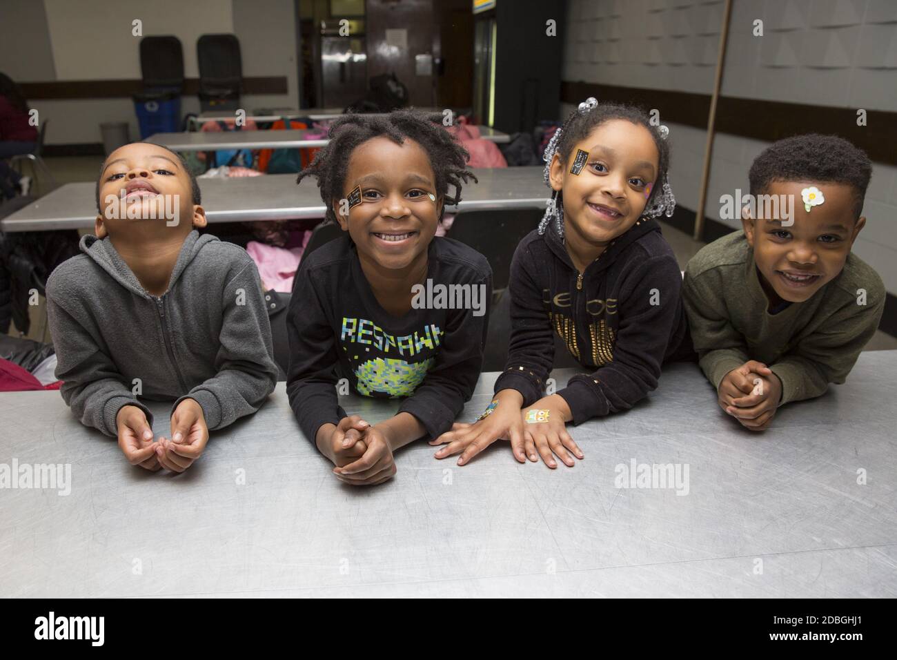 Portrait of a group of elementary school age children at a community center on the Lower East Side of Manhattan, New York City. Stock Photo