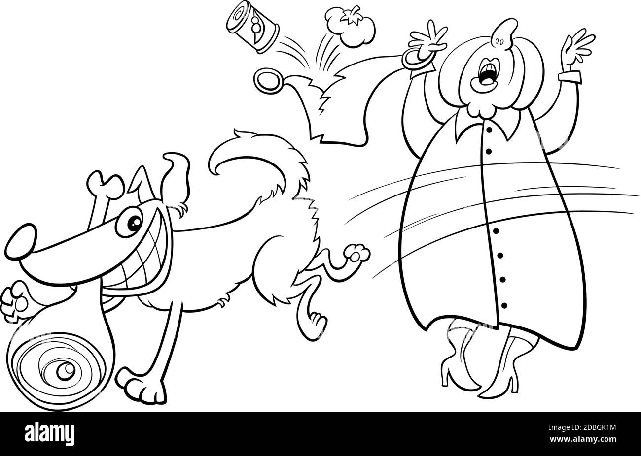 Black and white cartoon illustration of funny naughty dog stealing ham from an old lady coloring book page Stock Vector