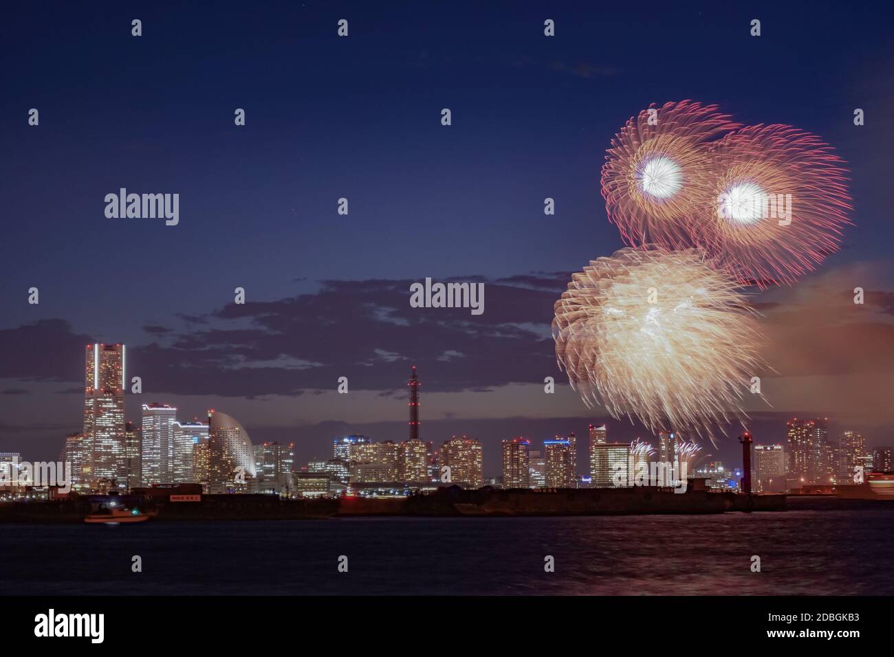 Yokohama Minato Mirai of night view and fireworks. Shooting Location: Yokohama-city kanagawa prefecture Stock Photo