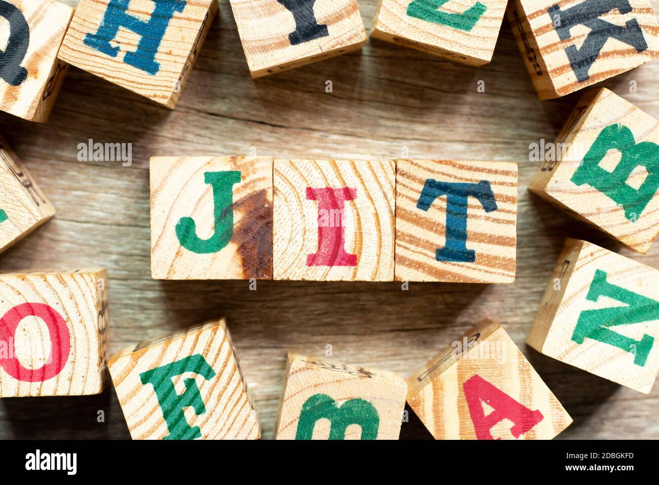 Alphabet letter block in word JIT (abbreviation of just in time) with another on wood background Stock Photo