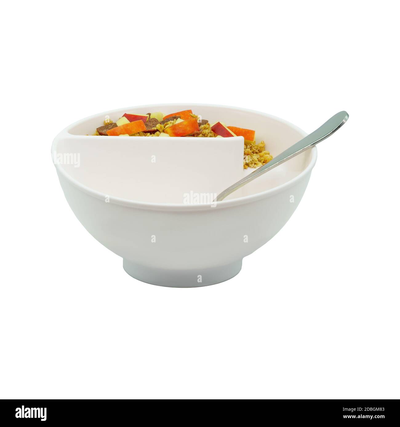A cereal bowl with spoon, apples and cereals, white background Stock