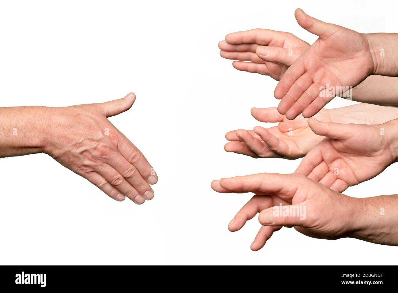 a hand contended for greeting by many other hands Stock Photo