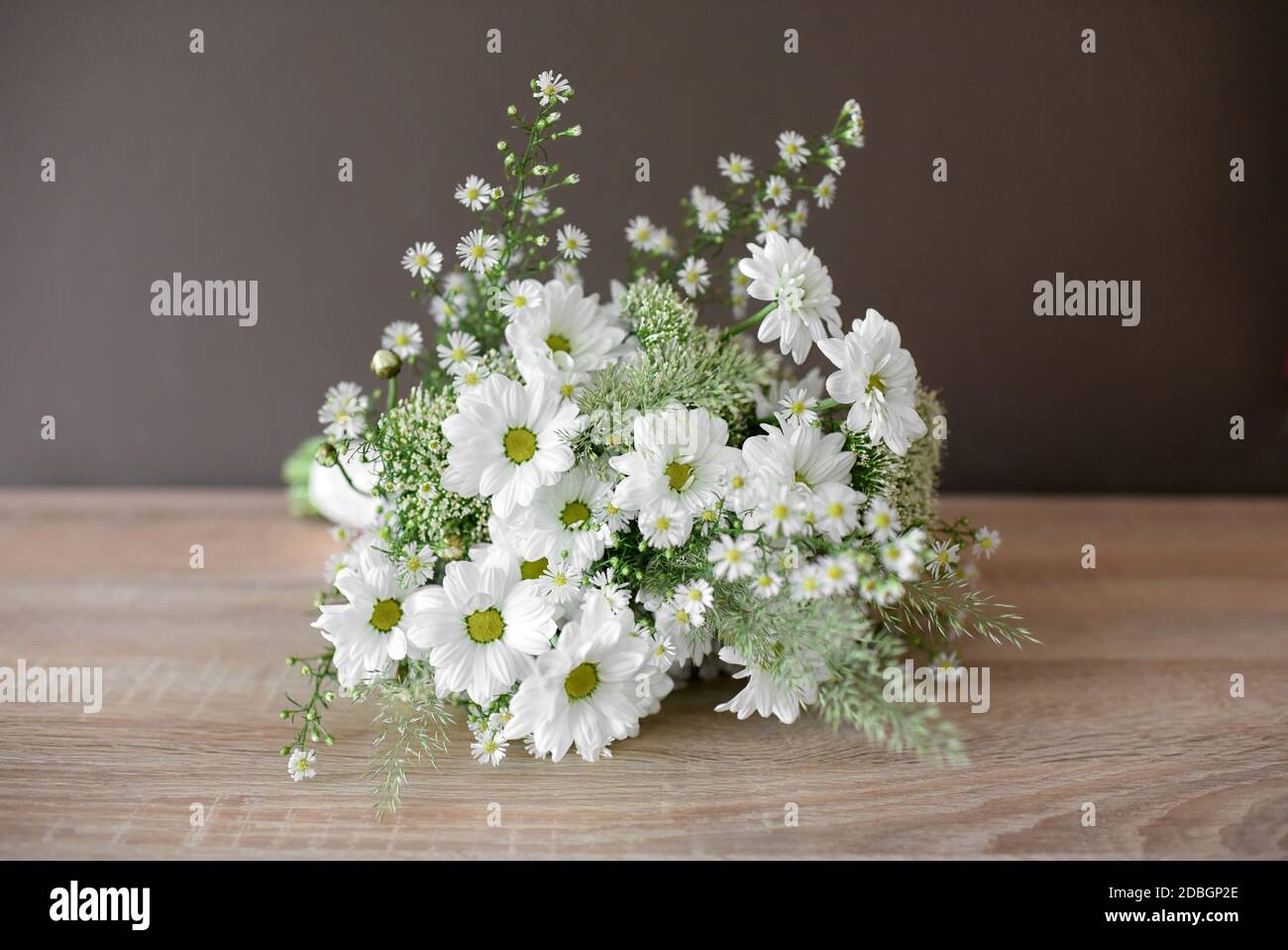 Dainty bridal bouquet with fresh white spring daisies lying on a wooden table in close up Stock Photo