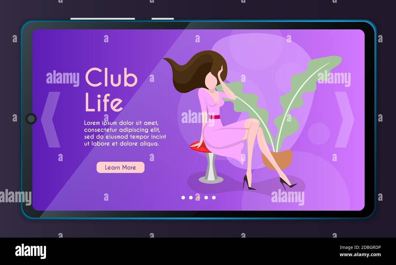 Mobile app page, screen set. banner illustration of slender woman  straightens her hair sitting on a chair. Girl in a night club. Cartoon  Stock Photo - Alamy