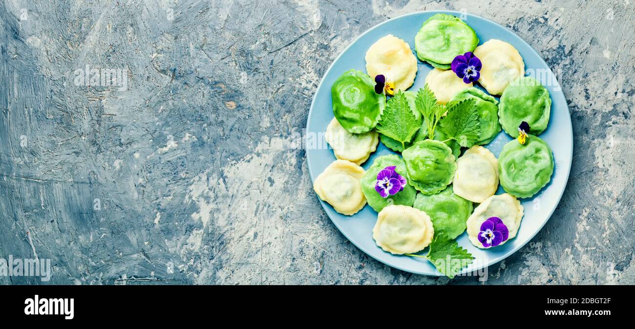 Appetizing Italian ravioli cooked with nettles and spinach Stock Photo