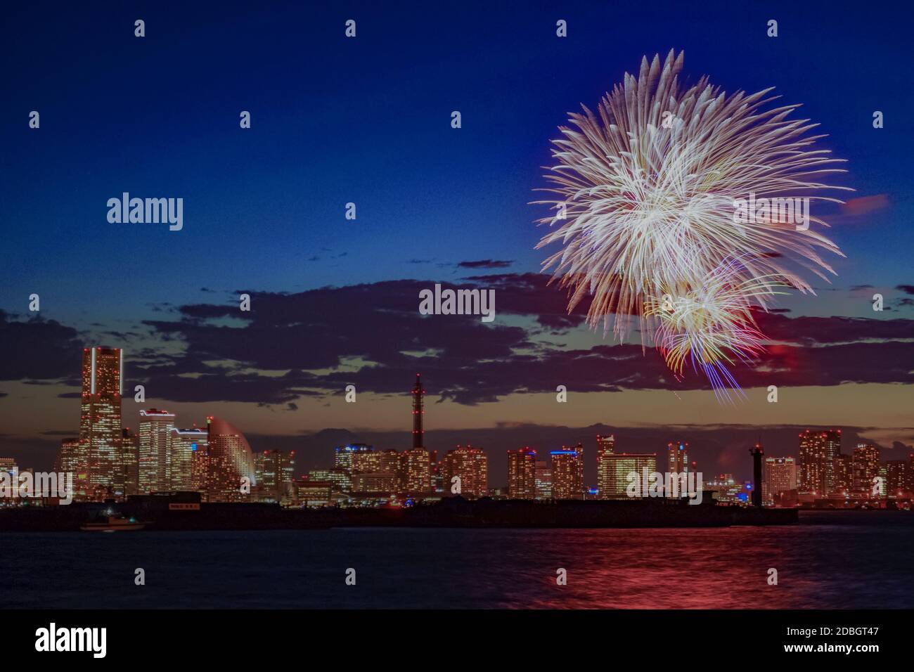 Yokohama Minato Mirai of night view and fireworks. Shooting Location: Yokohama-city kanagawa prefecture Stock Photo