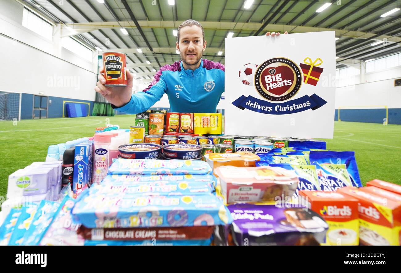 Oriam Sports Centre Riccarton, Edinburgh. Scotland UK.17th-Nov 20 Hearts Peter Haring helps launch club charity Big Hearts' virtual food bank appeal in aid of the Community One Stop Shop. Credit: eric mccowat/Alamy Live News Stock Photo