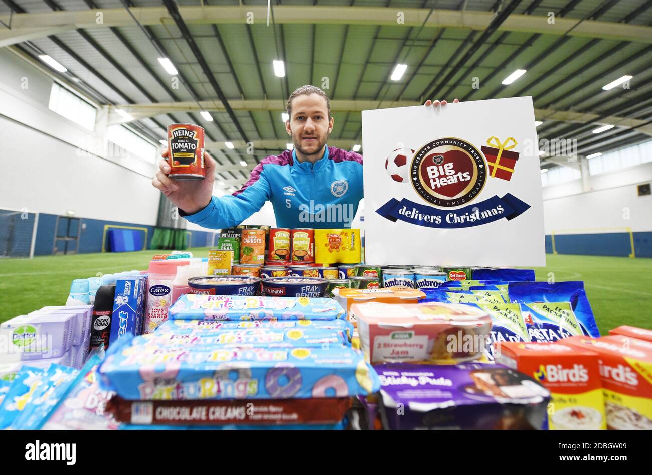 Oriam Sports Centre Riccarton, Edinburgh. Scotland UK.17th-Nov 20 Hearts Peter Haring helps to launch club charity Big Hearts' virtual food bank appeal in aid of the Community One Stop Shop. Credit: eric mccowat/Alamy Live News Stock Photo