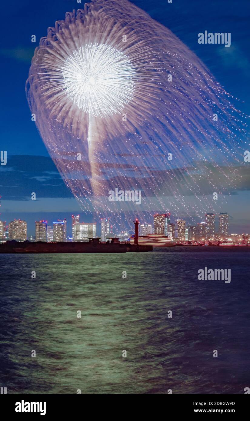 Yokohama Minato Mirai of night view and fireworks. Shooting Location: Yokohama-city kanagawa prefecture Stock Photo