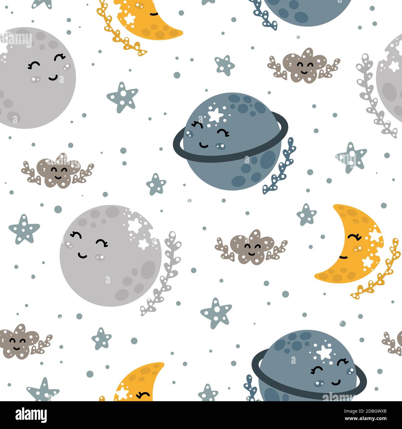 Cute nursery seamless pattern with adorable planets, stars and moon in ...