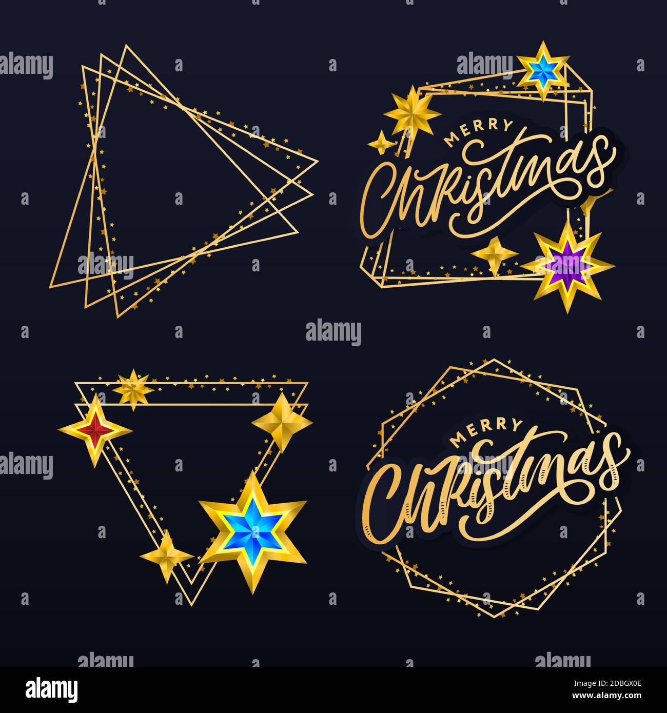 Merry Christmas card with hand drawn lettering and stars on dark ...