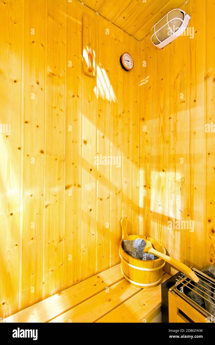 Interior shot of small wooden home sauna Stock Photo Alamy