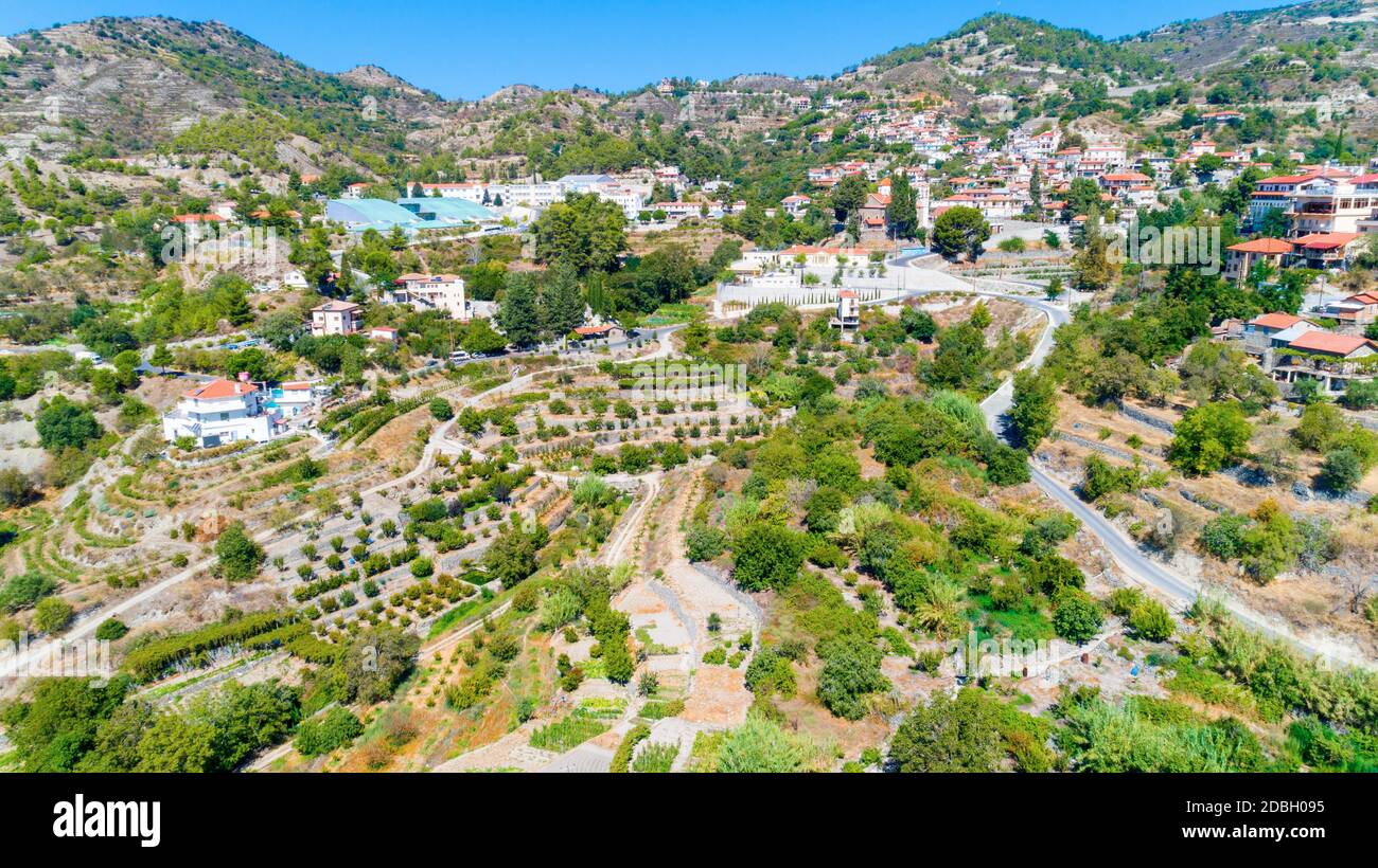 Aerial view of Agros village settlement on mountain Troodos, Limassol