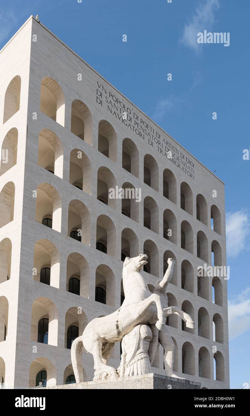 The Square Colosseum (Palazzo della Civiltà Italiana) is a fascist-era building part of the rationalism architecture district EUR, in Rome, Italy Stock Photo