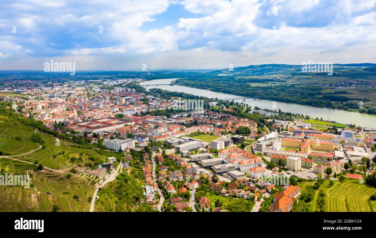 Krems and Stein at the Danube River in Lower Austria. Small towns in the famous Wachau Valley. Stock Photo