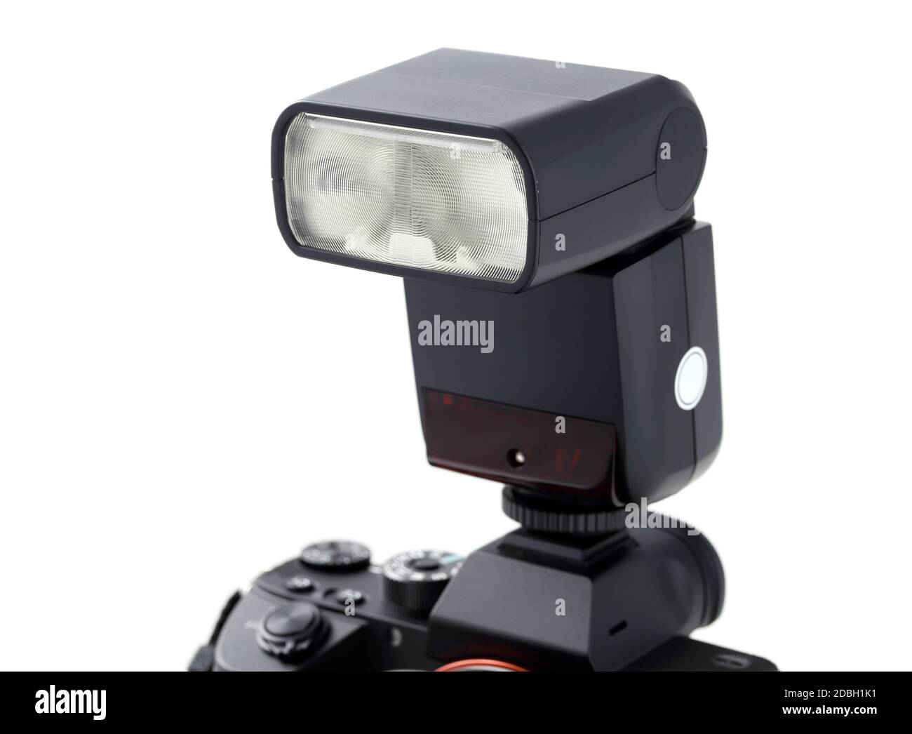 Photo camera body with flash isolated on white background Stock Photo