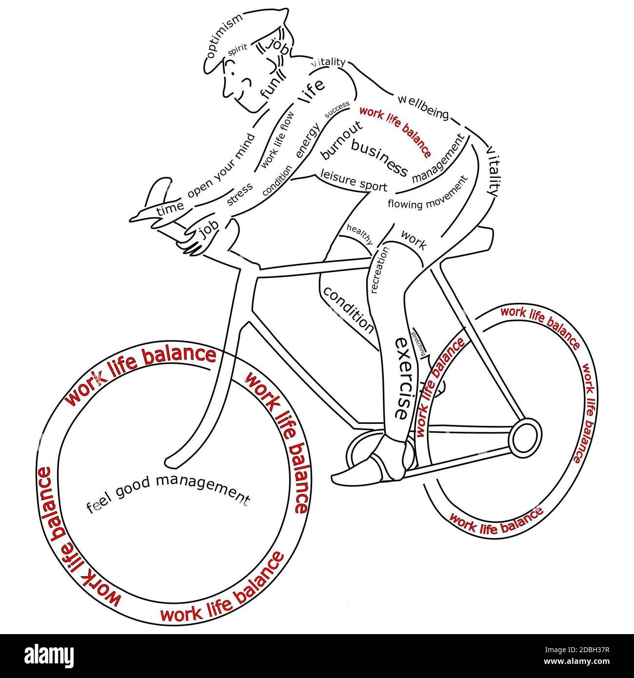 Work Life Balance wordcloud on a cyclist â€“ illustration Stock Photo