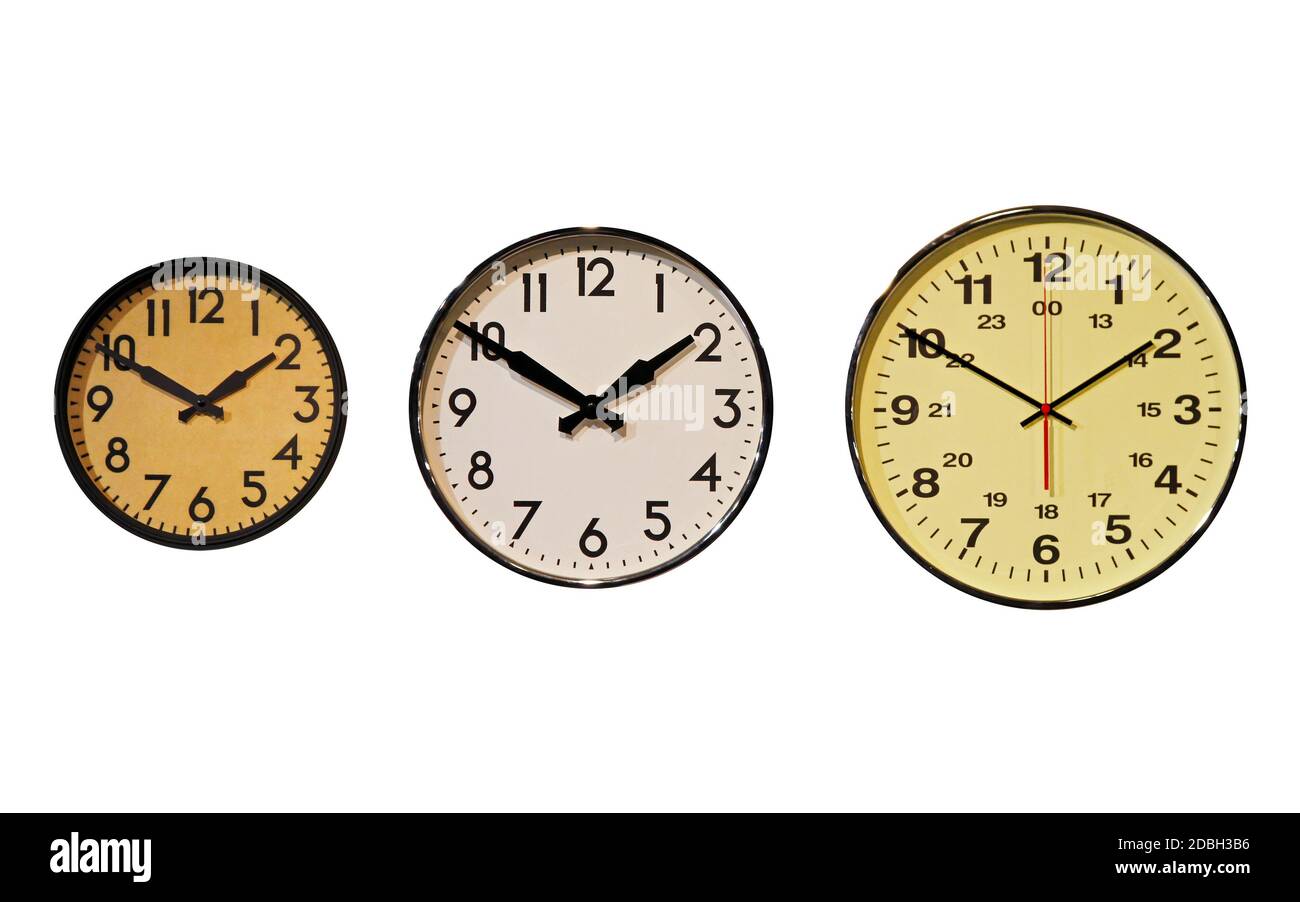 Three clocks in horizontal position on wall Stock Photo Alamy