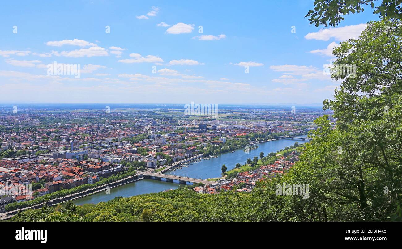 Panorama western Heidelberg with the railway town and the Neckar between Theodor-Heuss-Bridge and Ernst-Walz-BrÃ¼cke Stock Photo