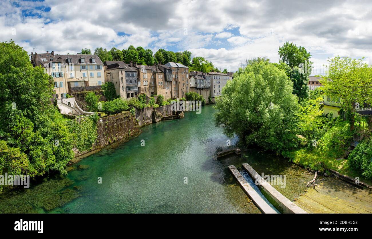a French landscape in the country on the Oloron river. Oloron Sainte Marie, france Stock Photo