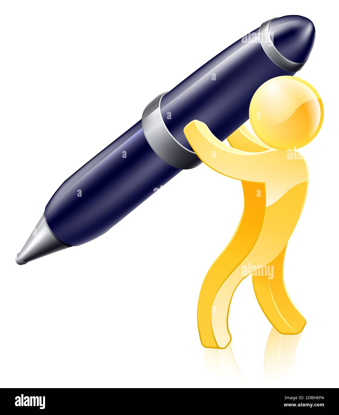 Illustration of a gold person writing with a huge pen Stock Photo