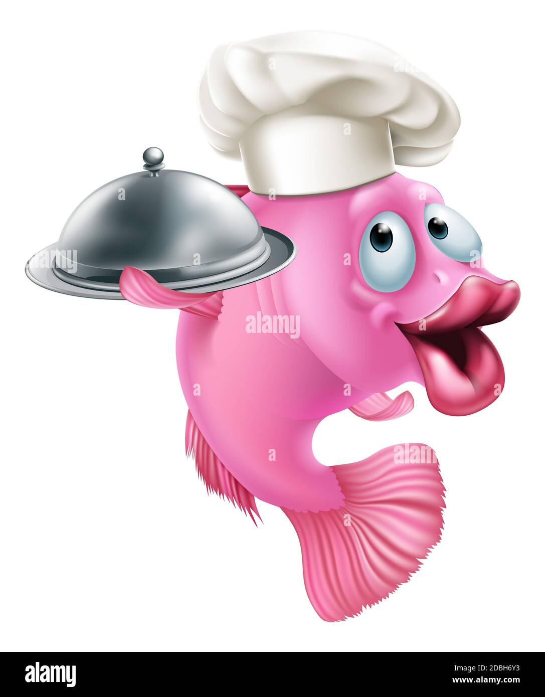 A cartoon chef fish mascot holding a tray or platter cloche, seafood character concept Stock Photo