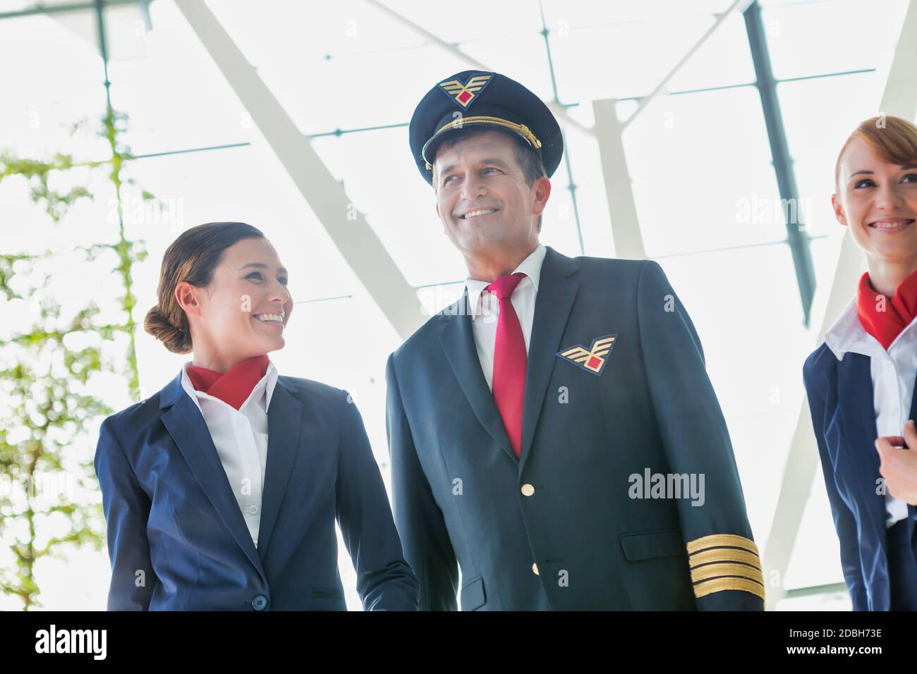 Pilot with flight attendants walking in the airport Stock Photo - Alamy