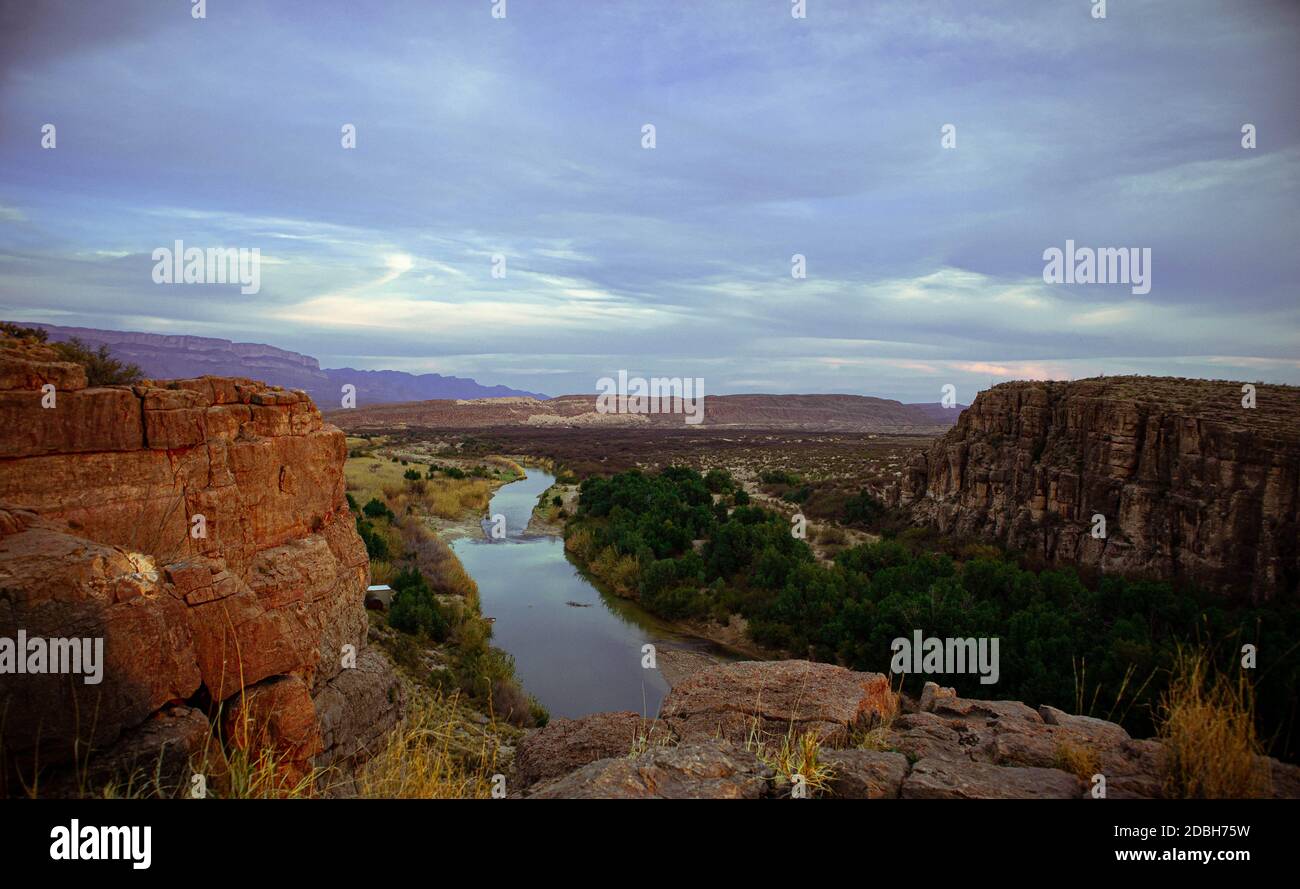 A wide angle shot of the Mexican desert with the Rio Grande flowing ...