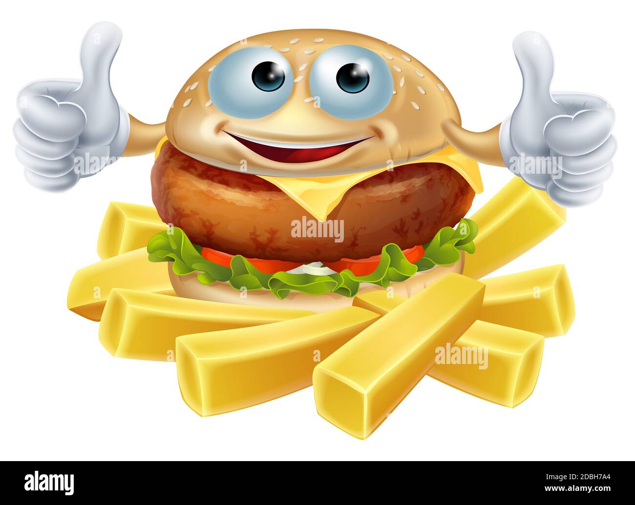 Cartoon hamburger man and chunky potato French fries or chips Stock Photo