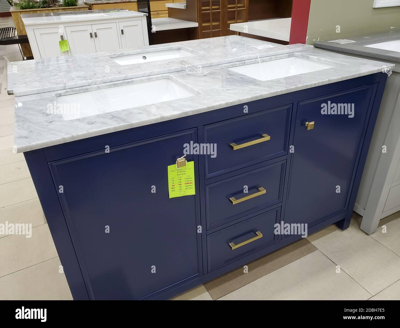 Black double-sink bathroom vanity with a white marble top in Emeryville, California, USA, November 9, 2020. () Stock Photo